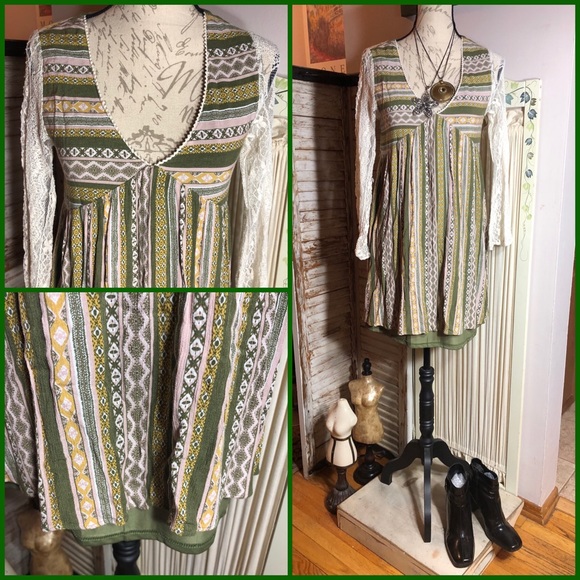 NWOT-SZ S-ANDRÉE GREEN/CREAM/LACE SLEEVE DRESS - Picture 2 of 8